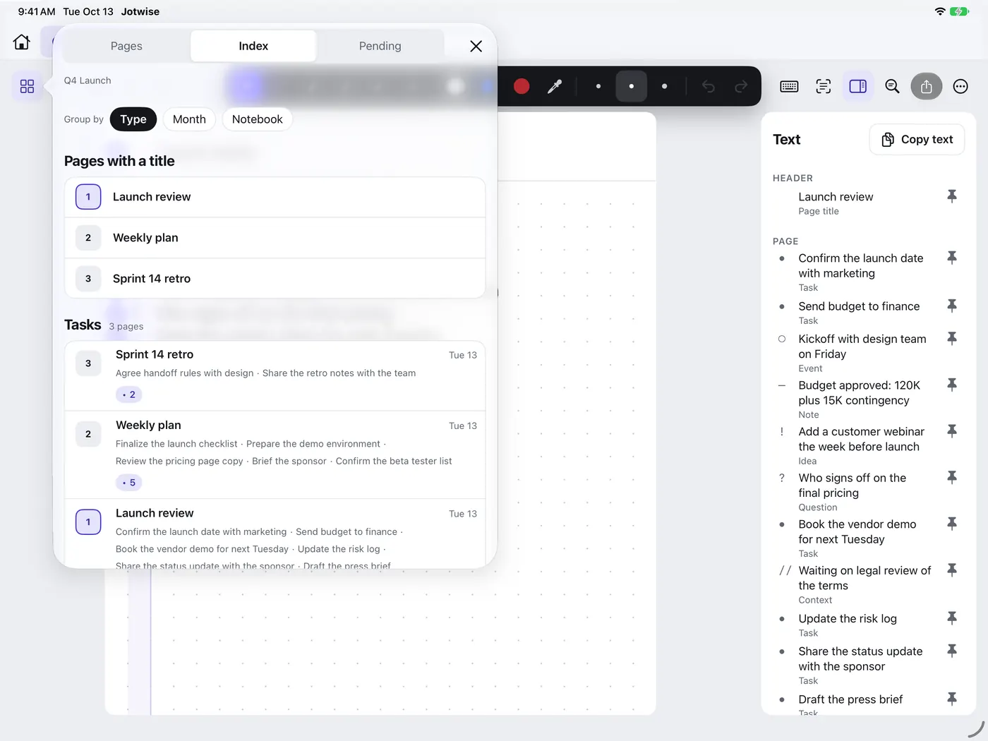 The Dynamic Index grouped by type: tasks, context, ideas, and events, each group showing the lines from the page they come from.