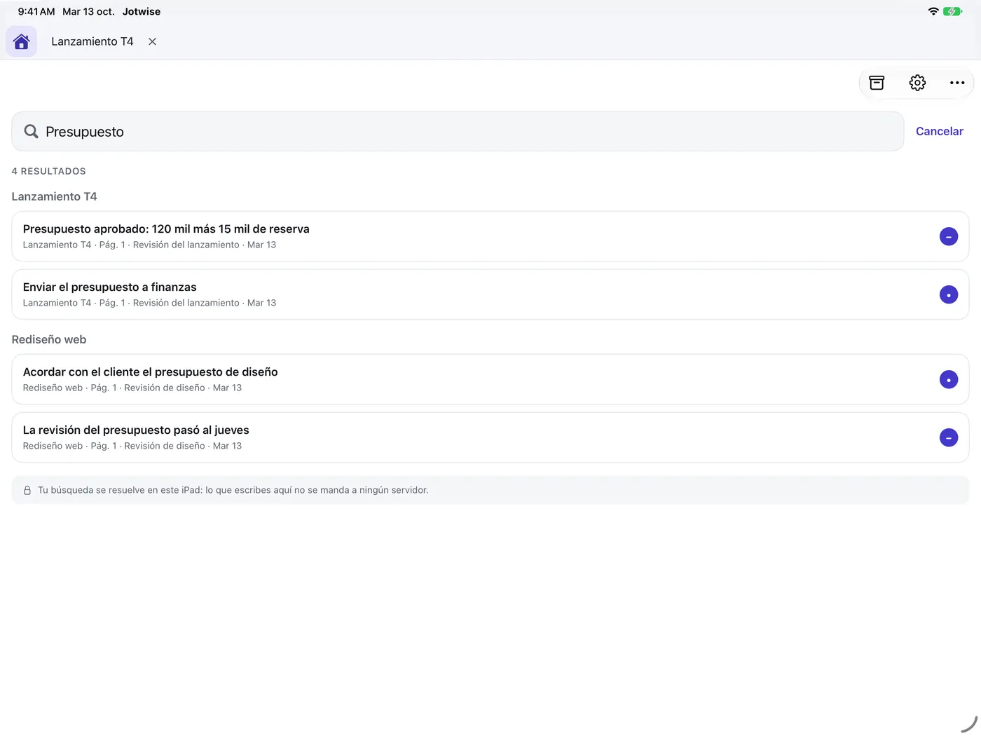 Búsqueda de la palabra «Propuesta» en lo escrito a mano, con resultados de dos cuadernos y el aviso de que se resuelve en el iPad.